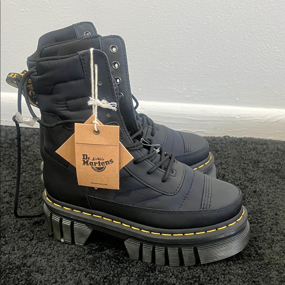 Dr. Martens Black Chunky Boots with Yellow Stitching